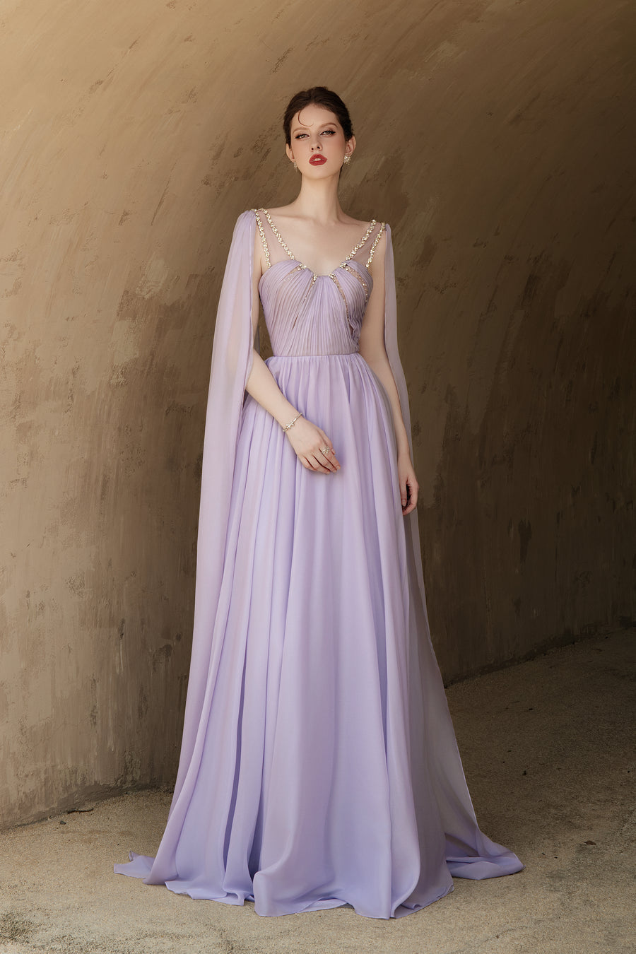 Calista VIOLETTE Draped Chiffon Gown with Sheer Cape