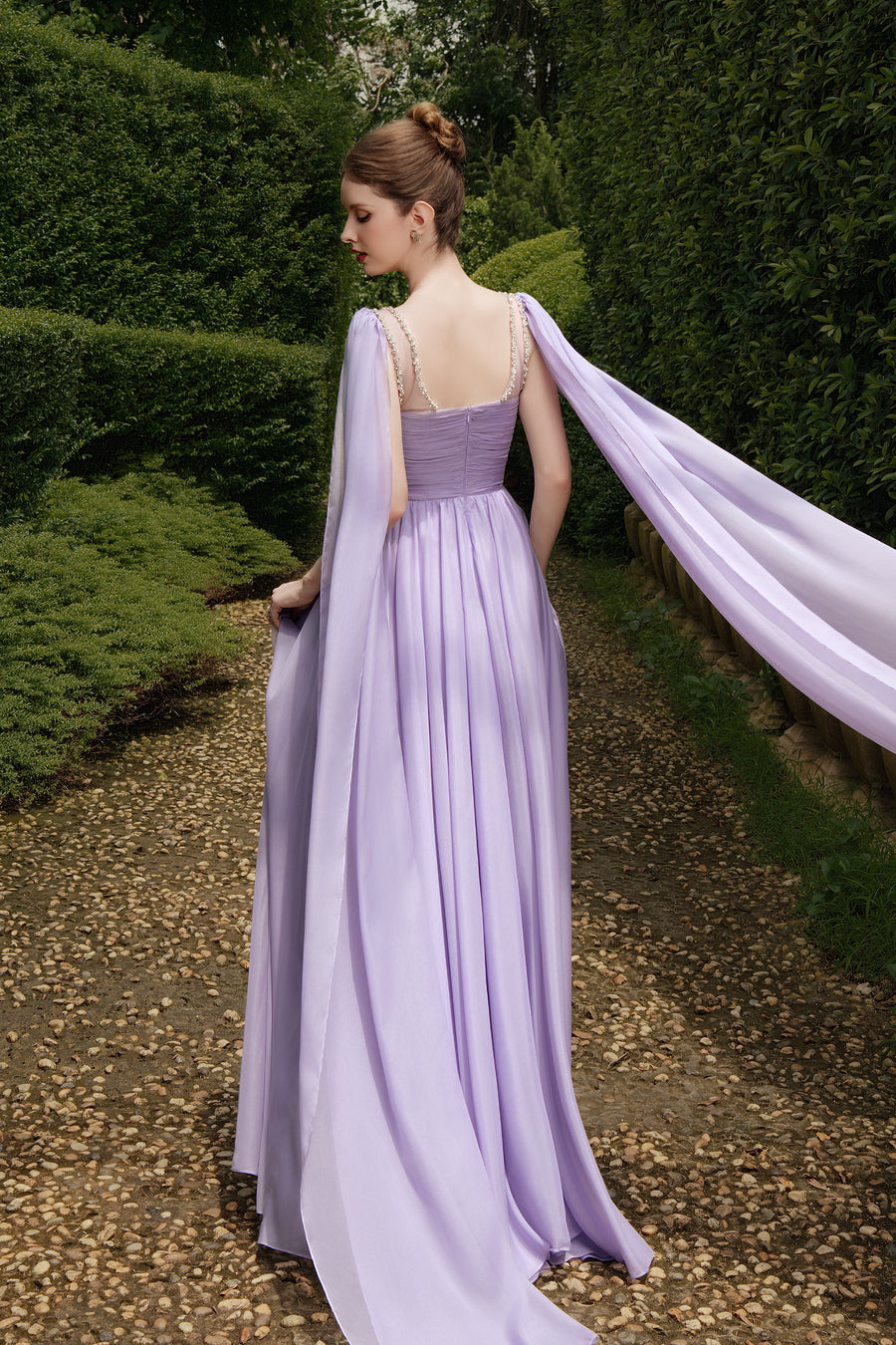 Calista VIOLETTE Draped Chiffon Gown with Sheer Cape