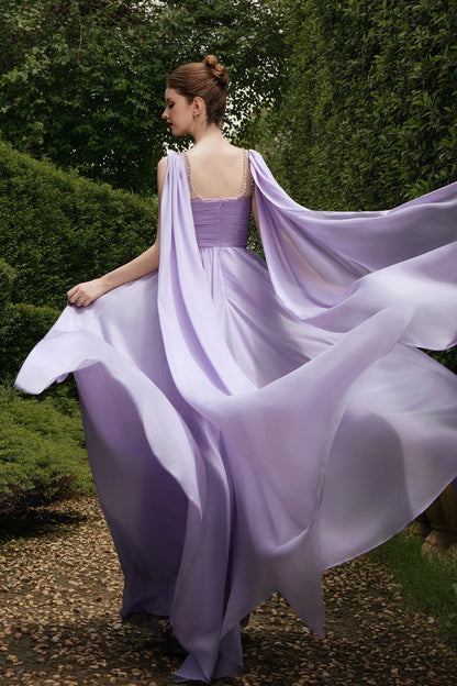 Calista VIOLETTE Draped Chiffon Gown with Sheer Cape