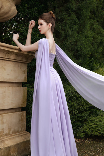 Calista VIOLETTE Draped Chiffon Gown with Sheer Cape