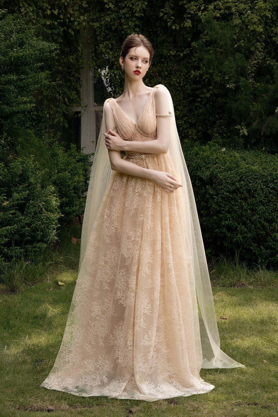 Calista SOLENNE Corset Lace Gown with Sheer Cape