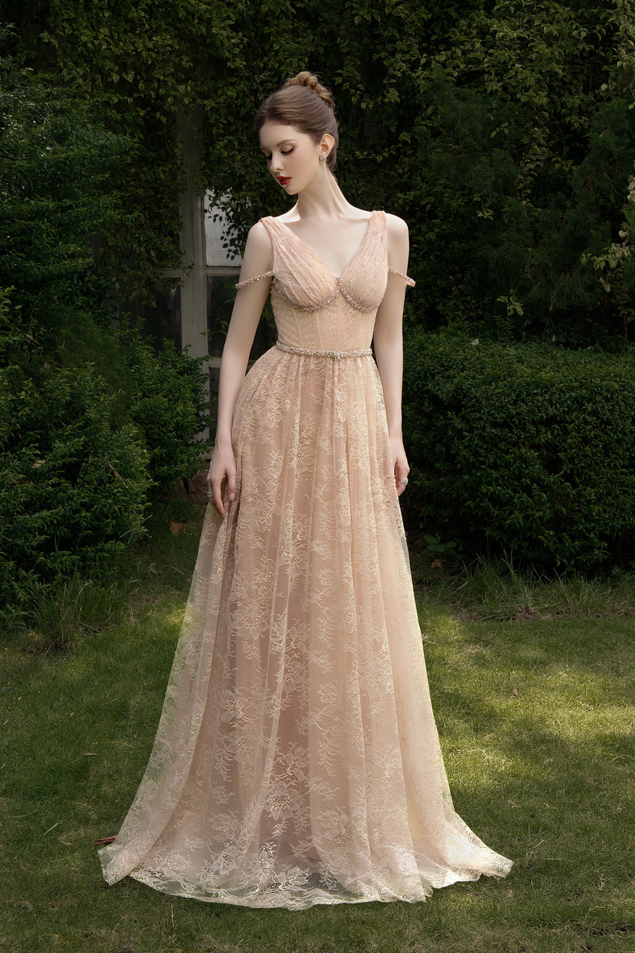 Calista SOLENNE Corset Lace Gown with Sheer Cape