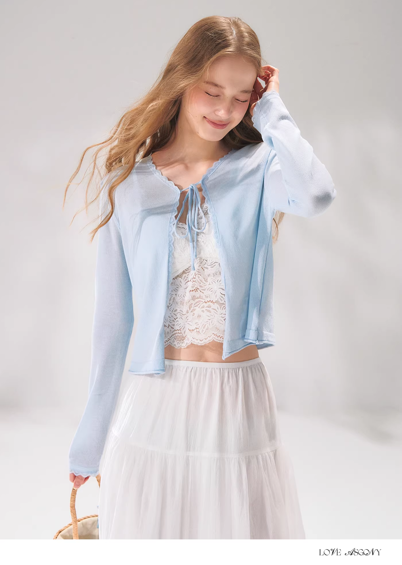 AsGony ASG26085 Knitted lace patchwork tie cardigan