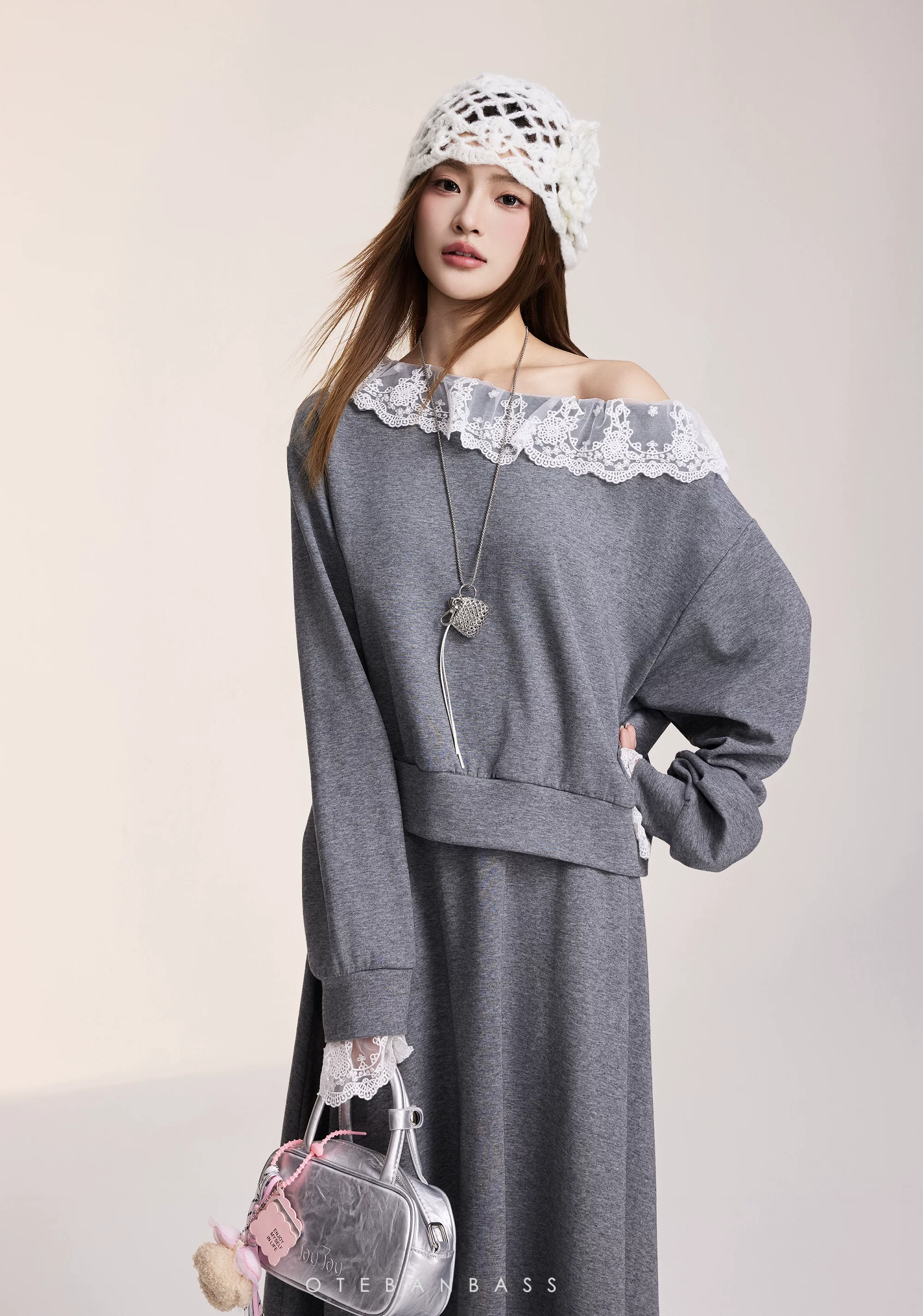 OTEBANBASS Grey Lace-Trim Co-ord Skirt Set