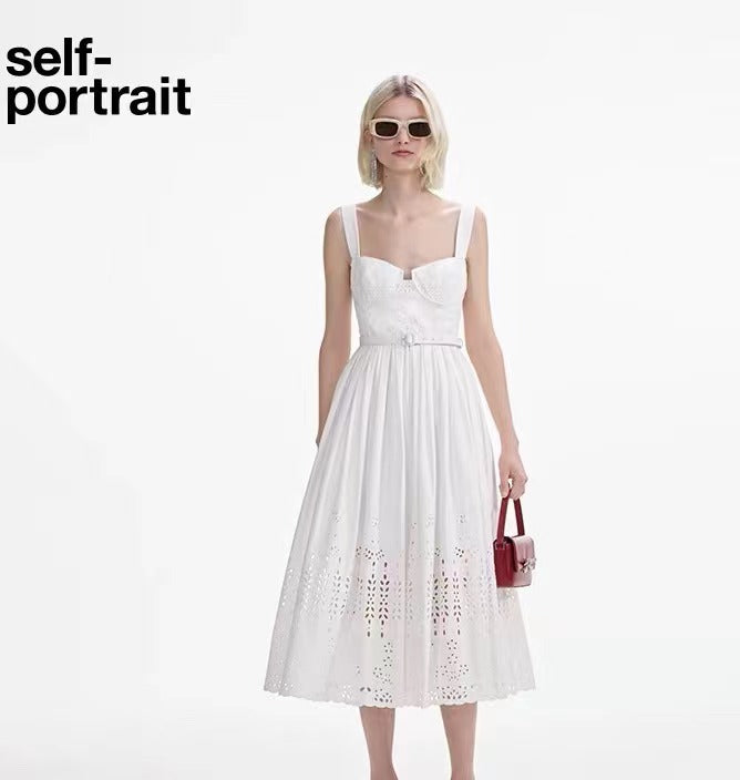 Self-Portrait WHITE COTTON BRODERIE MIDI DRESS