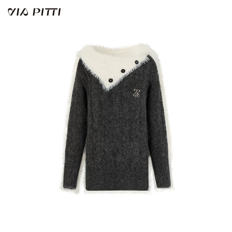 VIA PITTI Contrast Off-shoulder Sweater(3color)