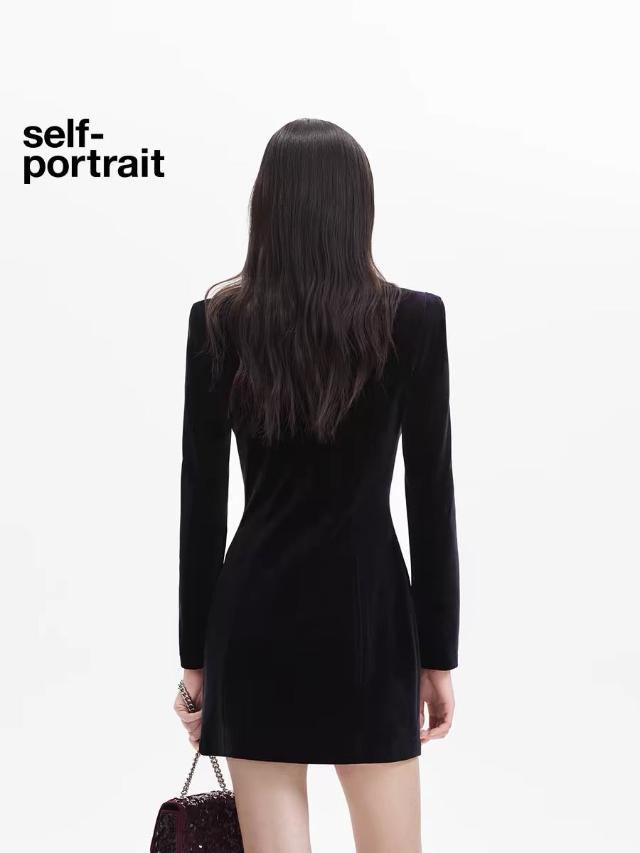 Self-Portrait BLACK VELVET V-NECK MINI DRESS