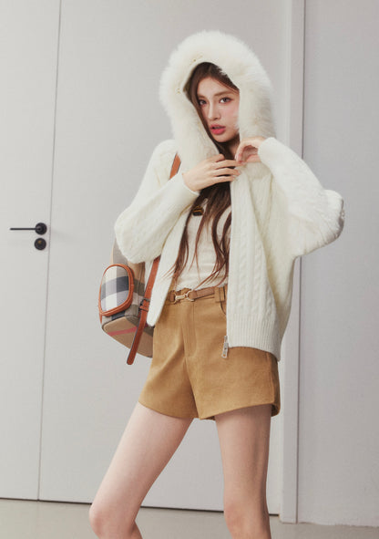 OTEBANBASS Ote260908 Fox Fur Hooded Cable Knit Cardigan