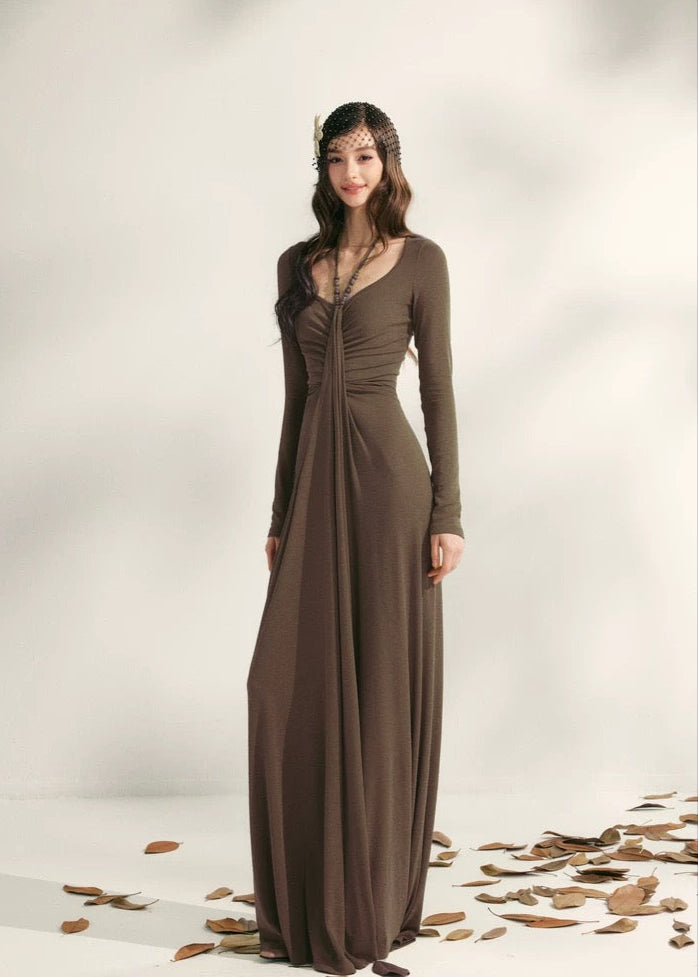 YZZI HE French style pleated waist cinching dress