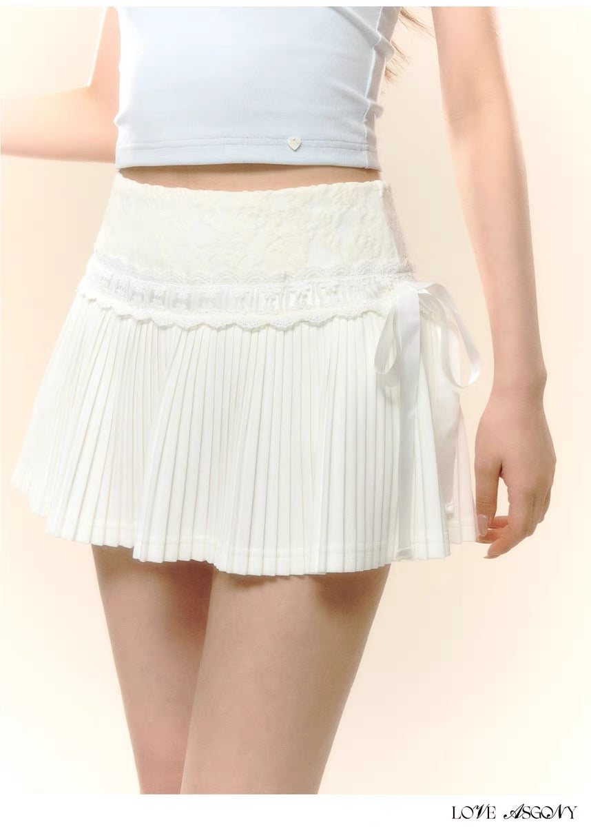 AsGony CREAM LACE PLEATED MINI SKIRT