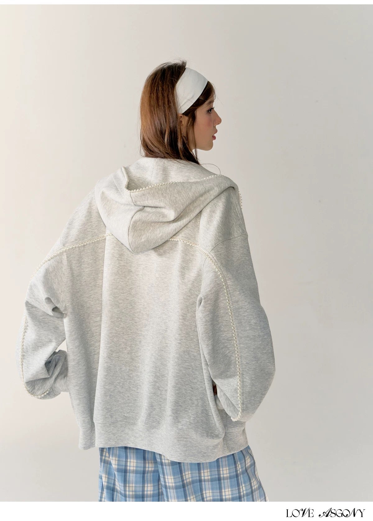 AsGony Grey Oversized Pearl Hoodie