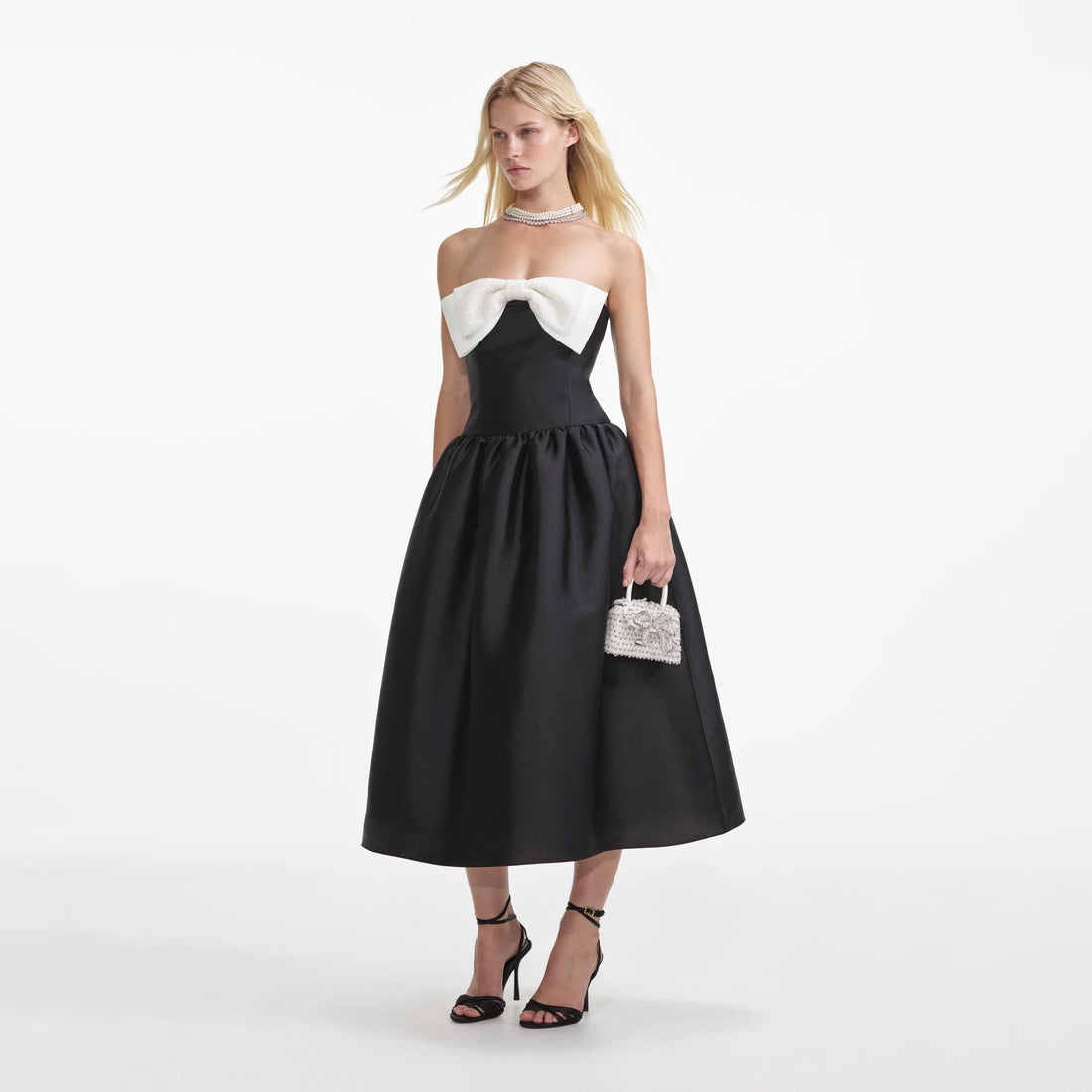 Self-Portrait BLACK TAFFETA CONTRAST BOW MIDI DRESS