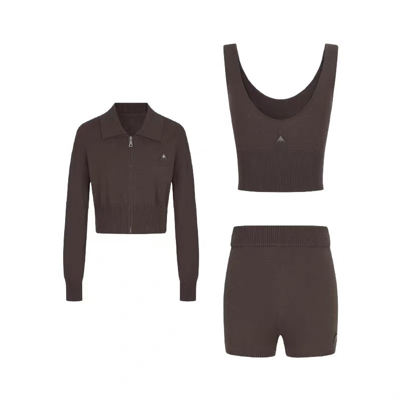 EDGII ED50AW12002&amp;ED50AW12004 Polo collar knitted cardigan + shorts set