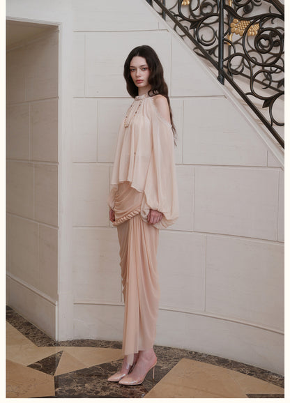 SHEERLUCK SLCS26732 Poesia Off-Shoulder Puff Chiffon Blouse-Creamy Apricot
