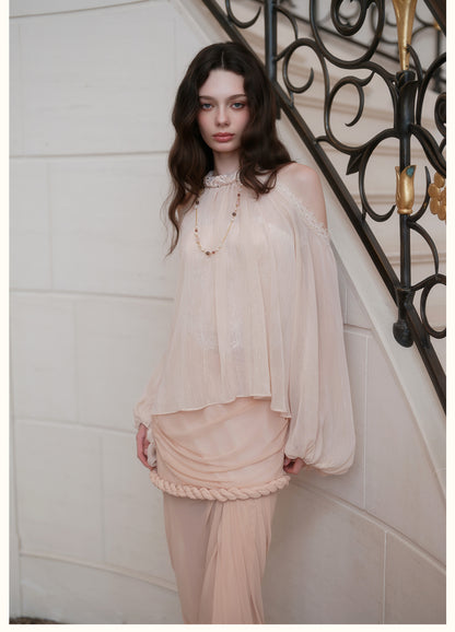 SHEERLUCK SLCS26732 Poesia Off-Shoulder Puff Chiffon Blouse-Creamy Apricot