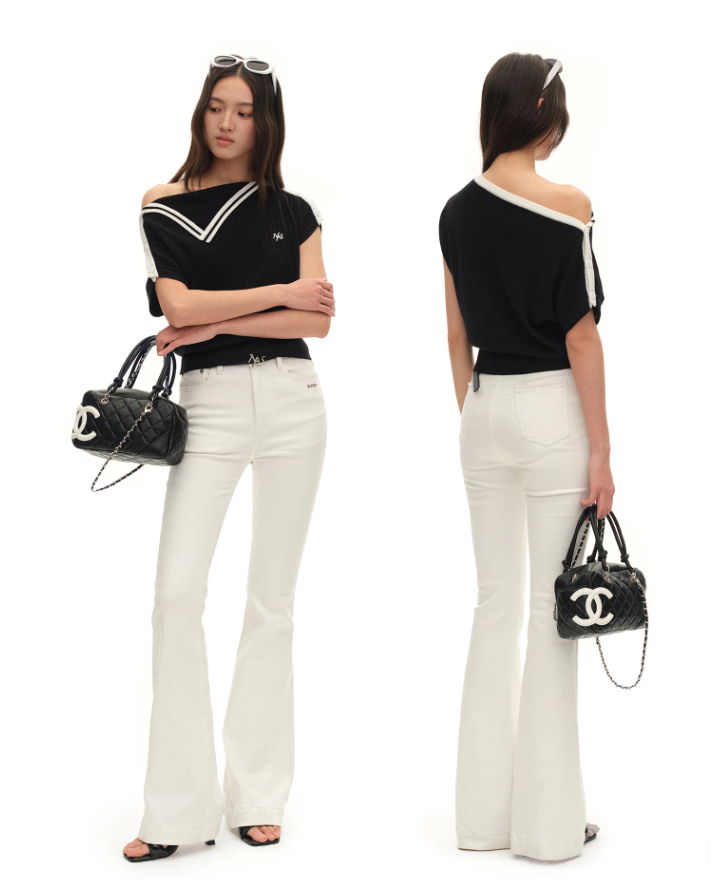 NAWS NAW-T074026 Contrast-Trim Asymmetric Off-Shoulder Striped Top