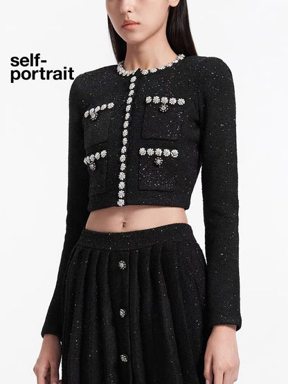 Self-Portrait BLACK SEUIN KNIT CARDIGAN