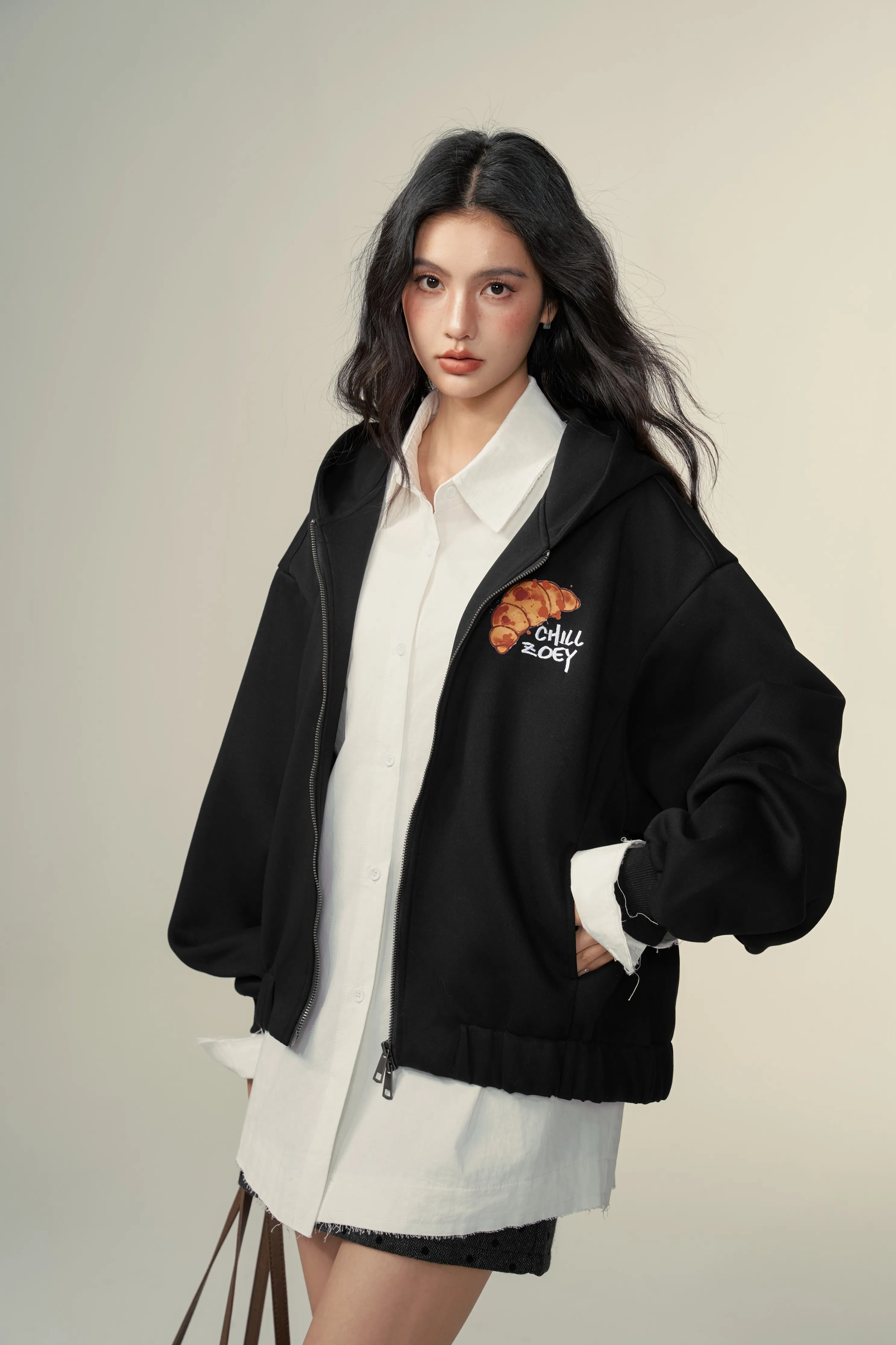 Chill Zoey Croissant mock-layered hoodie jacket