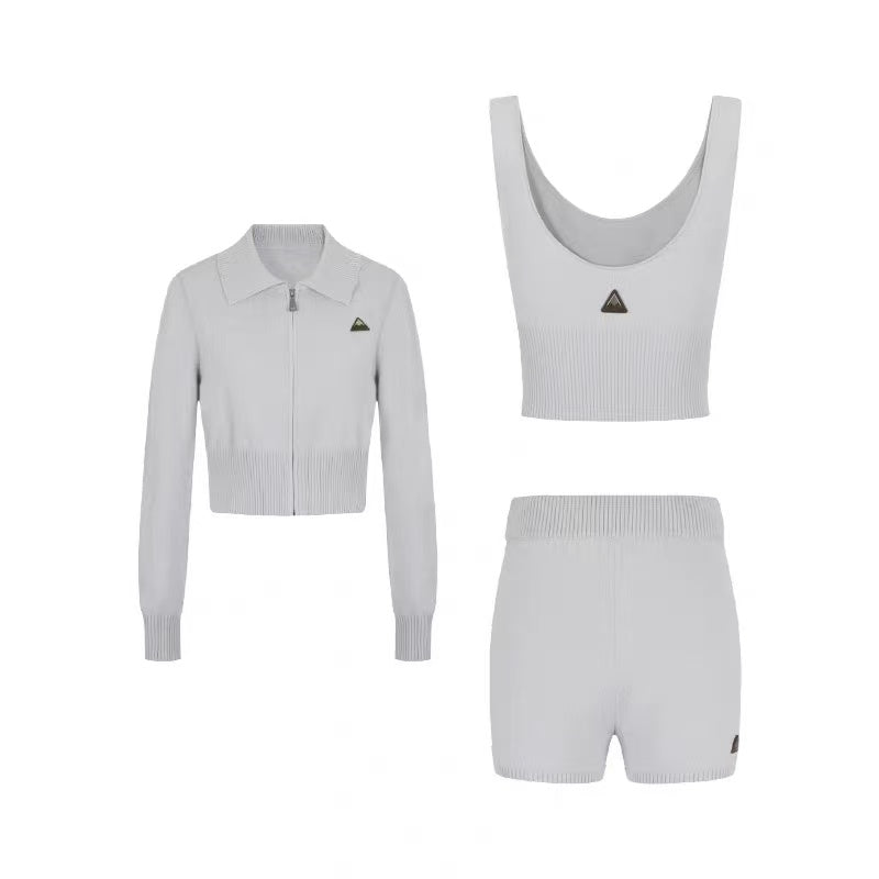 EDGII ED50AW12002&amp;ED50AW12004 Polo collar knitted cardigan + shorts set