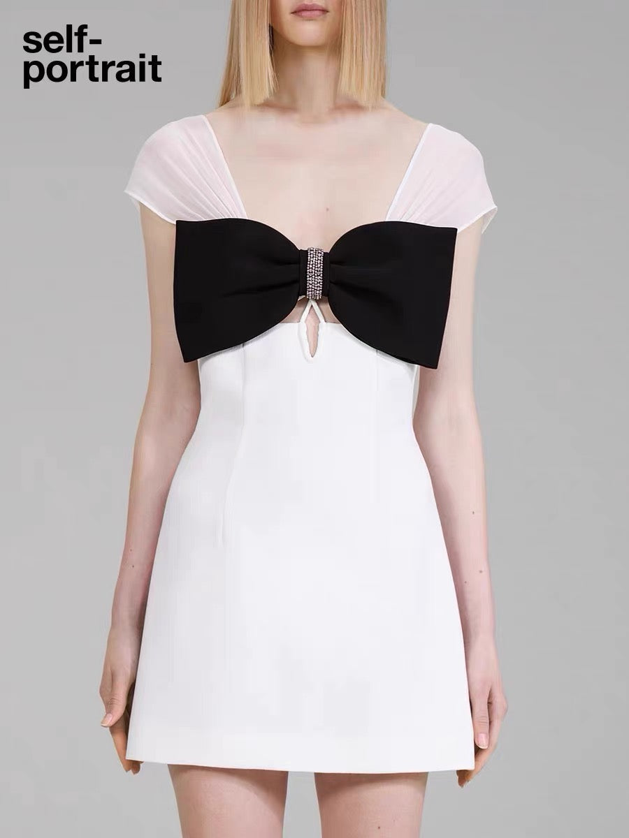 Self-Portrait WHITE CONTRAST BOW MINI DRESS