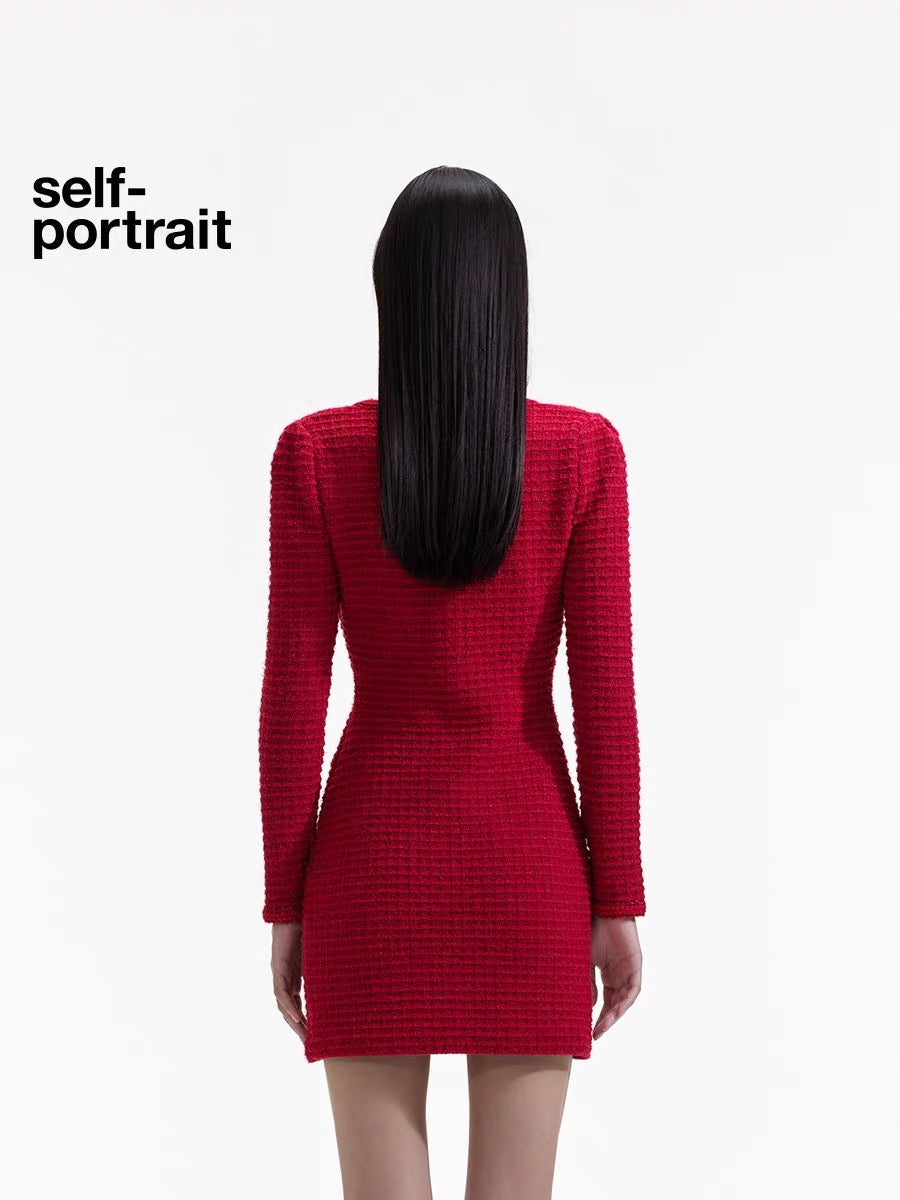 Self-Portrait RED KNIT BOW ROUND NECK MINI DRESS