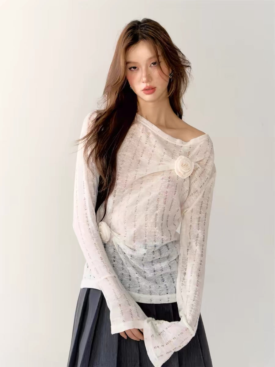 AsGony One Shoulder Rose Top(2color)