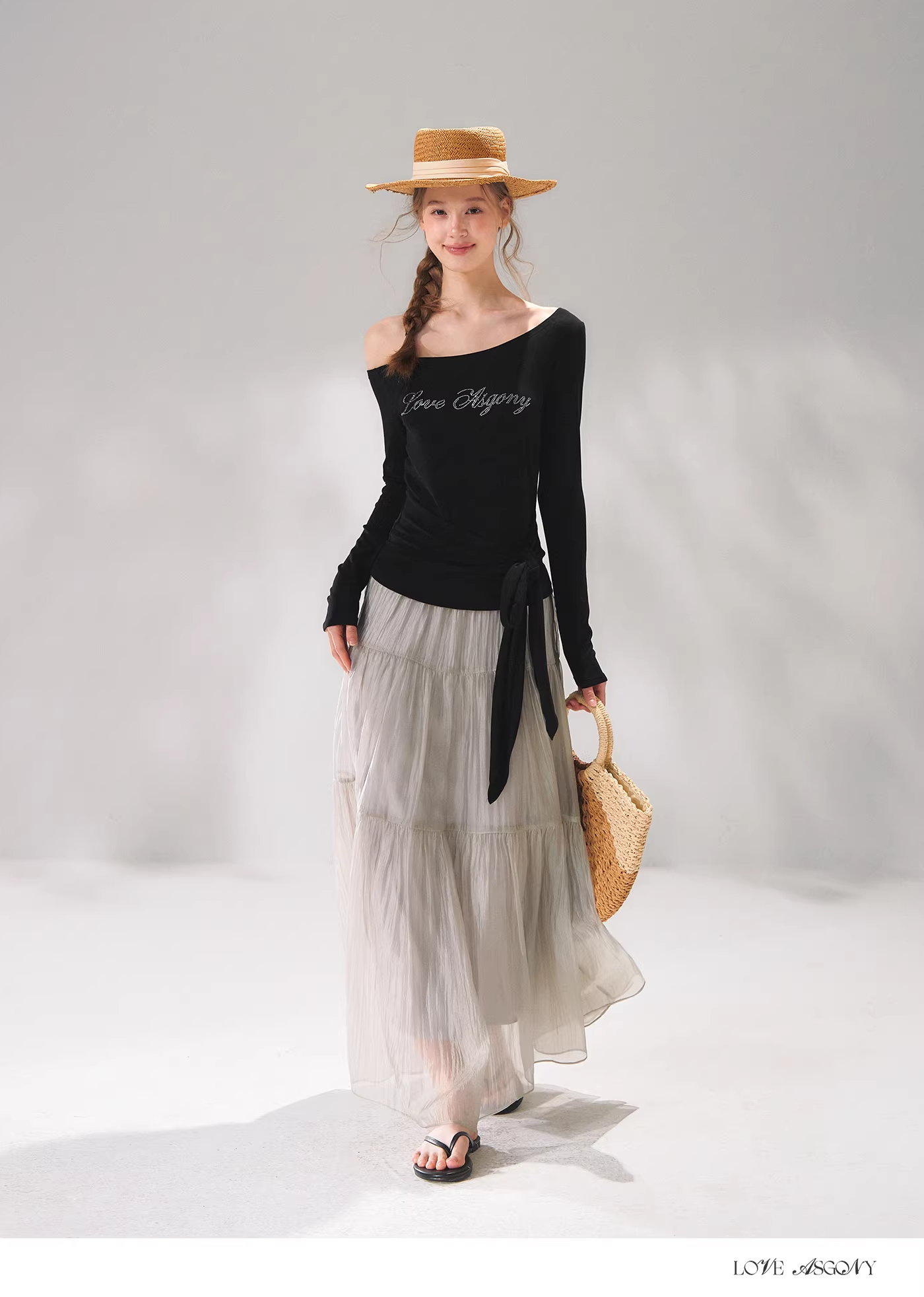 AsGony ASG26103 Pearlescent texture A-line spliced tiered skirt