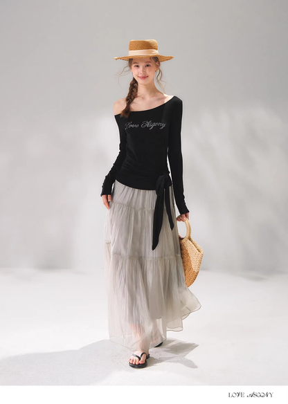 AsGony ASG26103 Pearlescent texture A-line spliced tiered skirt