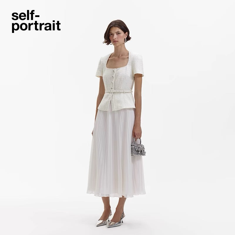 Self-Portrait CREAM BOUCLE CHIFFON MIDI DRESS