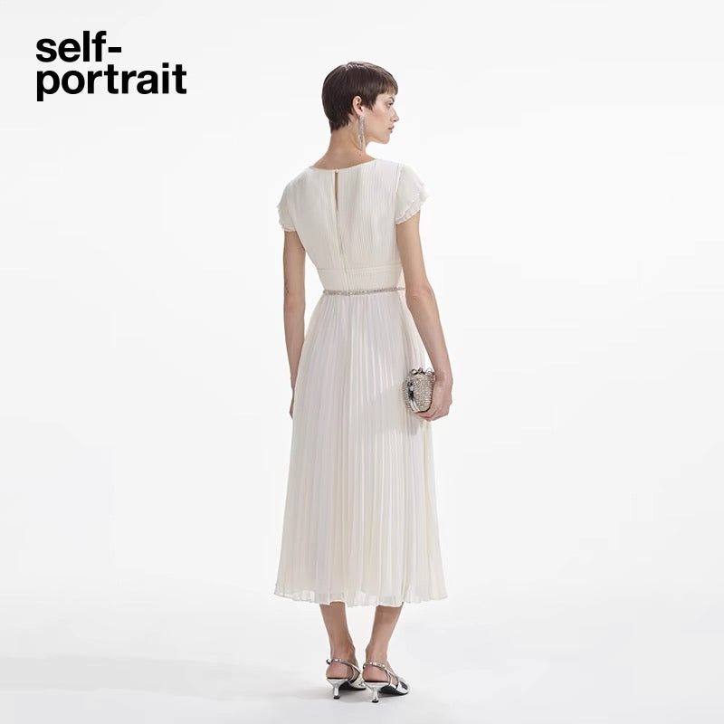 Self-Portrait CREAM CHIFFON PLEATED MIDI DRESS