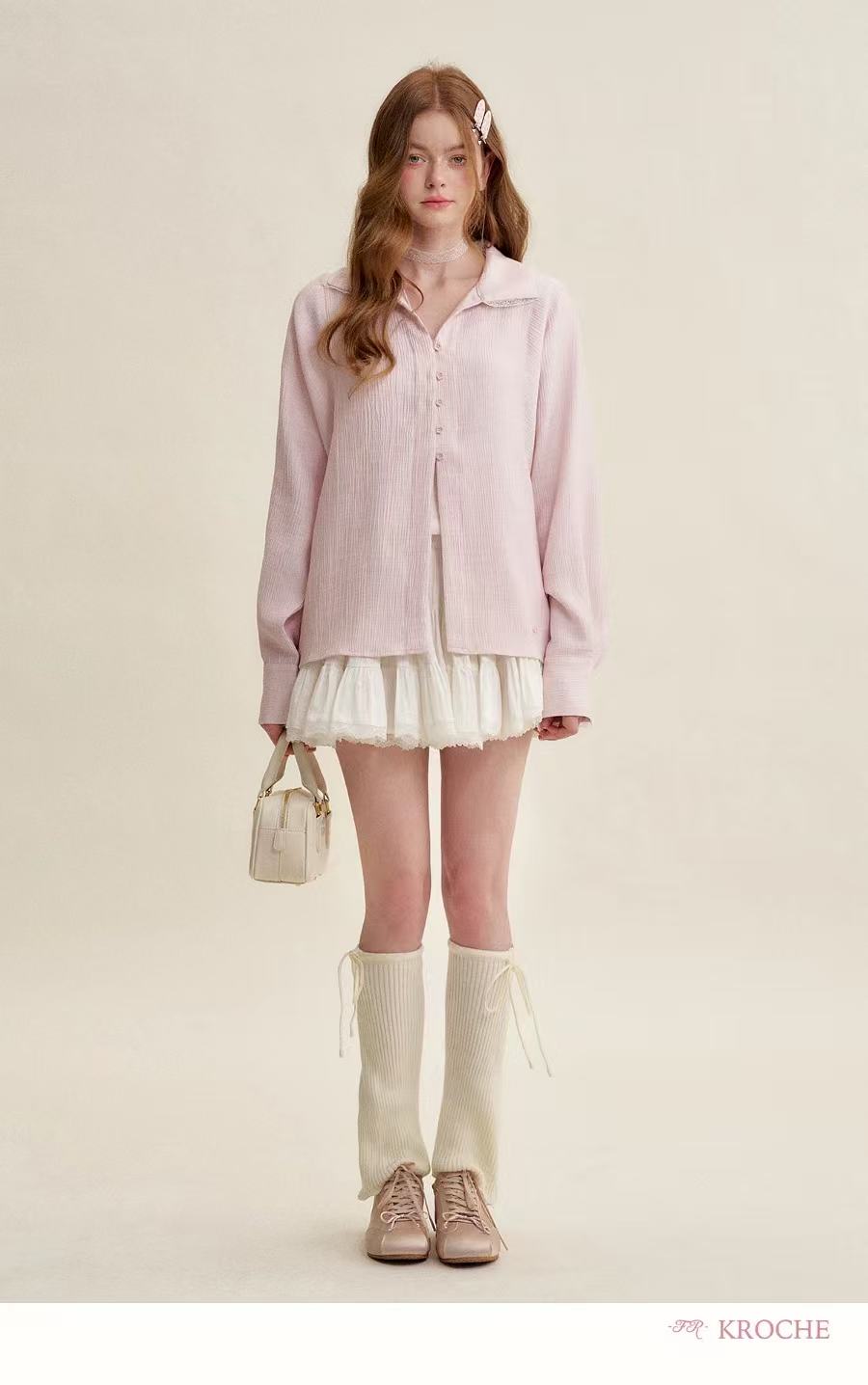 Kroche Lace patchwork loose pink shirt