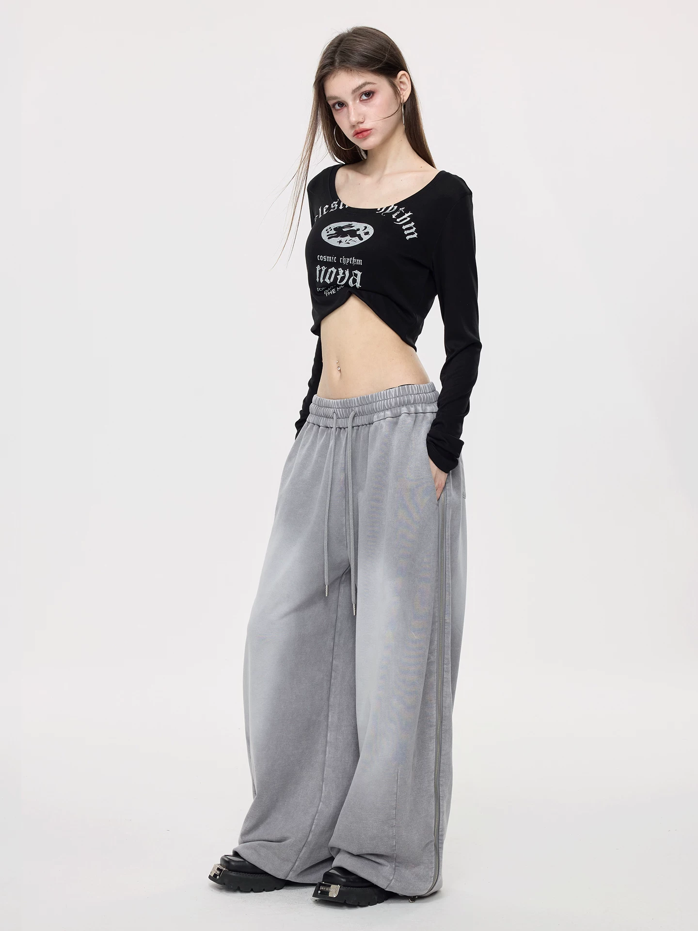 Nova Street Washed Grey Wide Leg Sweatpants