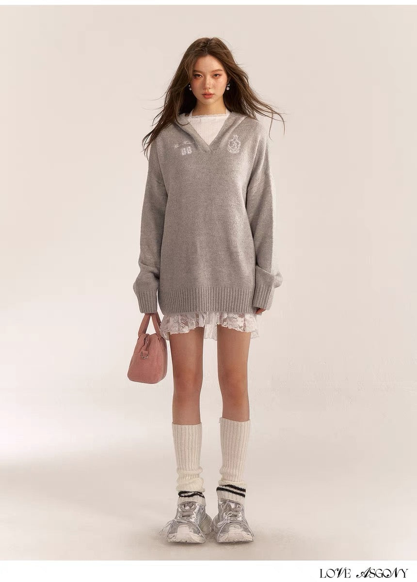 AsGony ASG24554/ASG24553 Grey Sweater &amp; Lace Dress