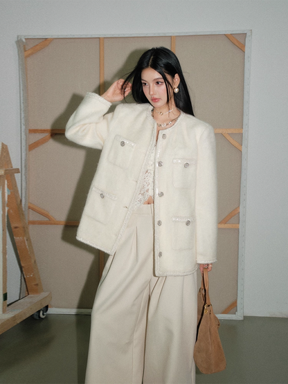 OLIVIA DUO DWT25418 Oversized Straight-Line White Bouclé Jacket