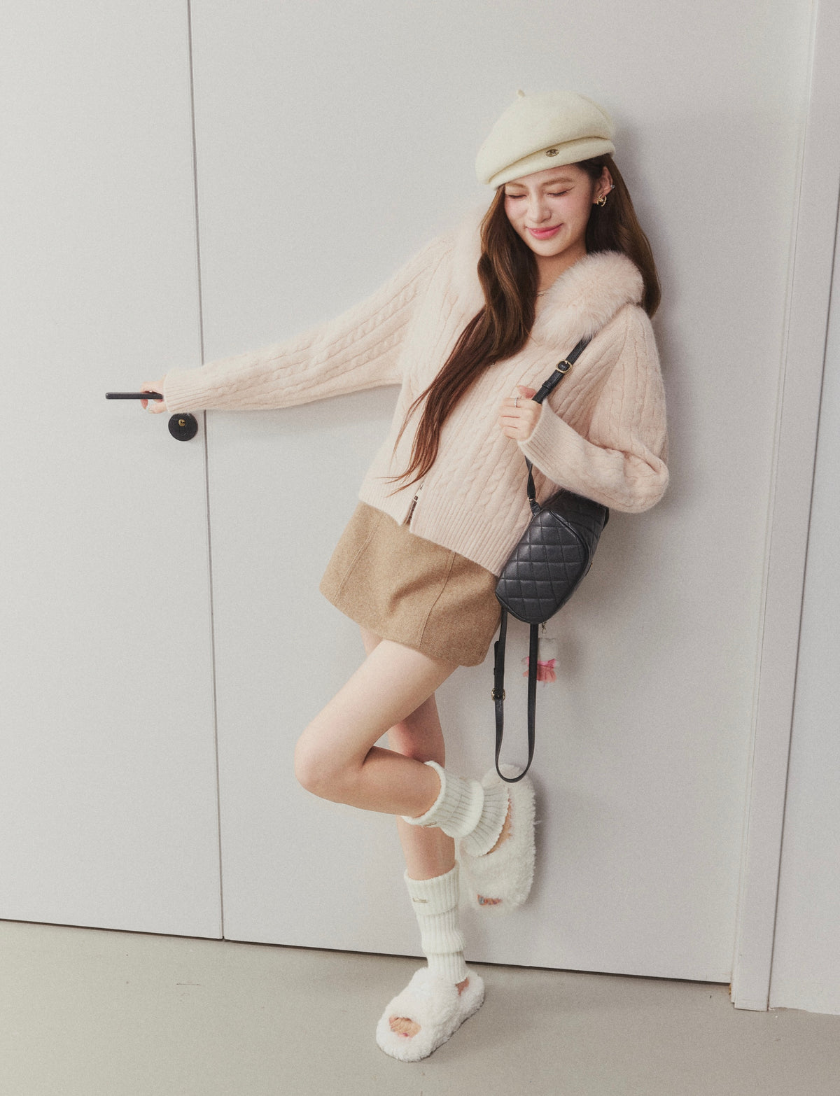 OTEBANBASS Ote260908 Fox Fur Hooded Cable Knit Cardigan