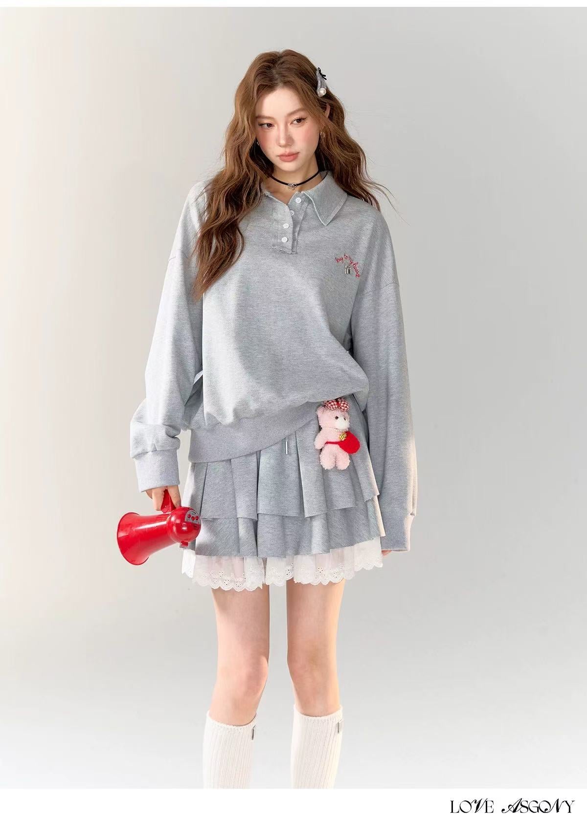 AsGony ASG24710 ASG24711 Preppy style hoodie + skirt set