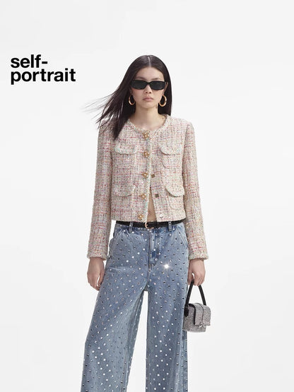 Self-Portrait Diamante Button Tweed Jacket