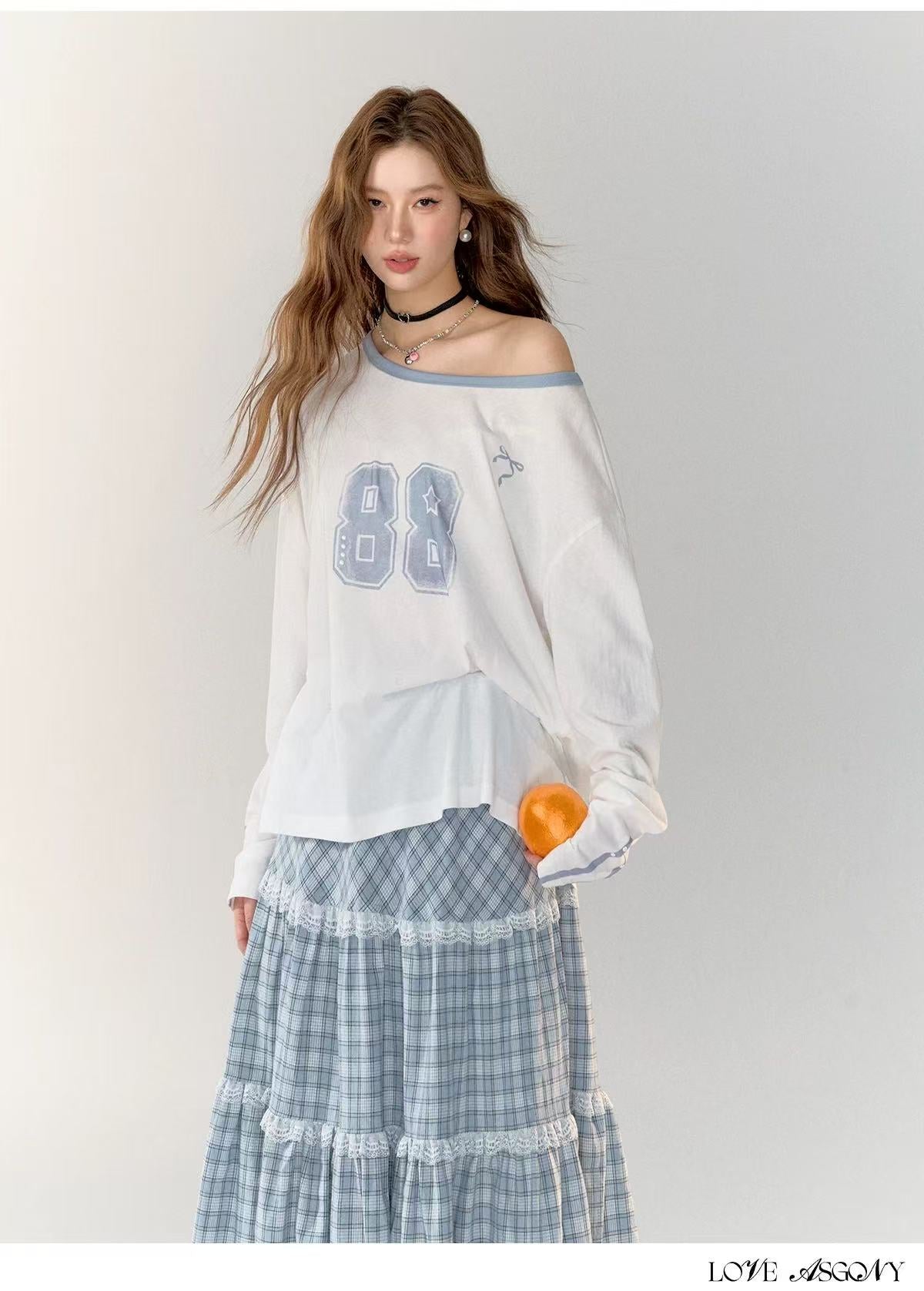 AsGony ASG24722 ASG24723 Slanted shoulder hoodie + Plaid skirt