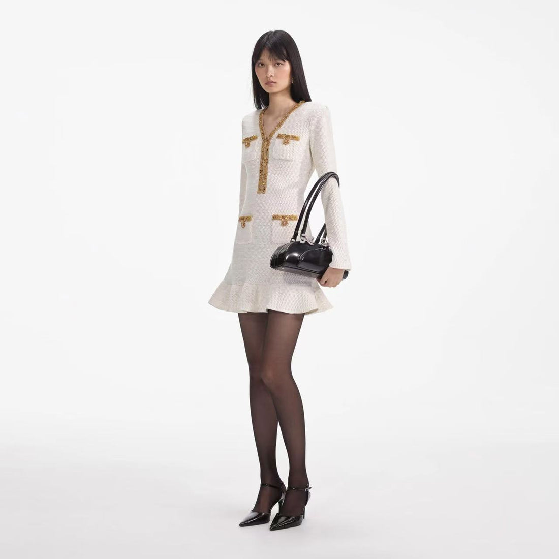 Self-Portrait CREAM LUREX KNIT MINI DRESS