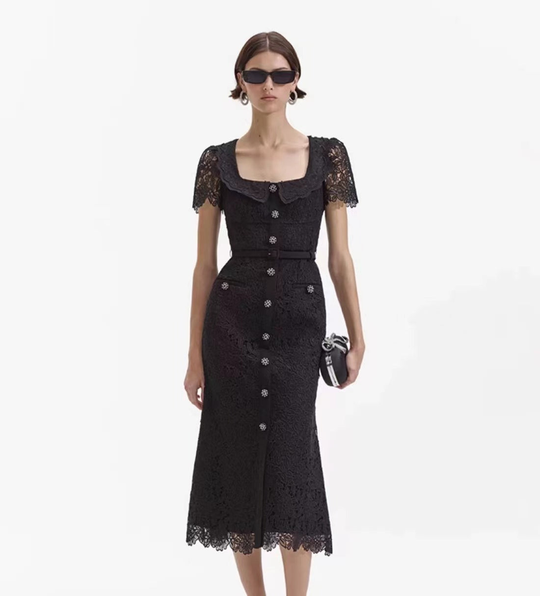 Self-Portrait BLACK GUIPURE LACE BUTTON MIDI DRESS