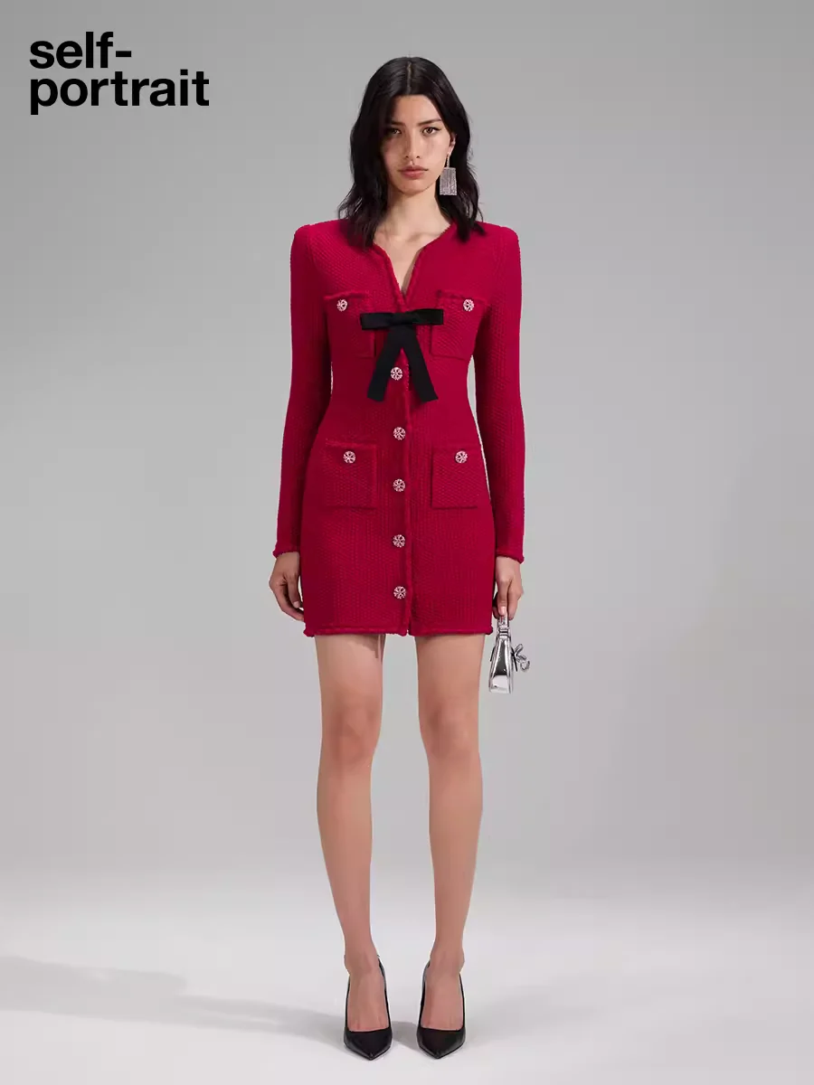 Self-Portrait SALE V-NECK BOWKNOTKNIT MINI DRESS