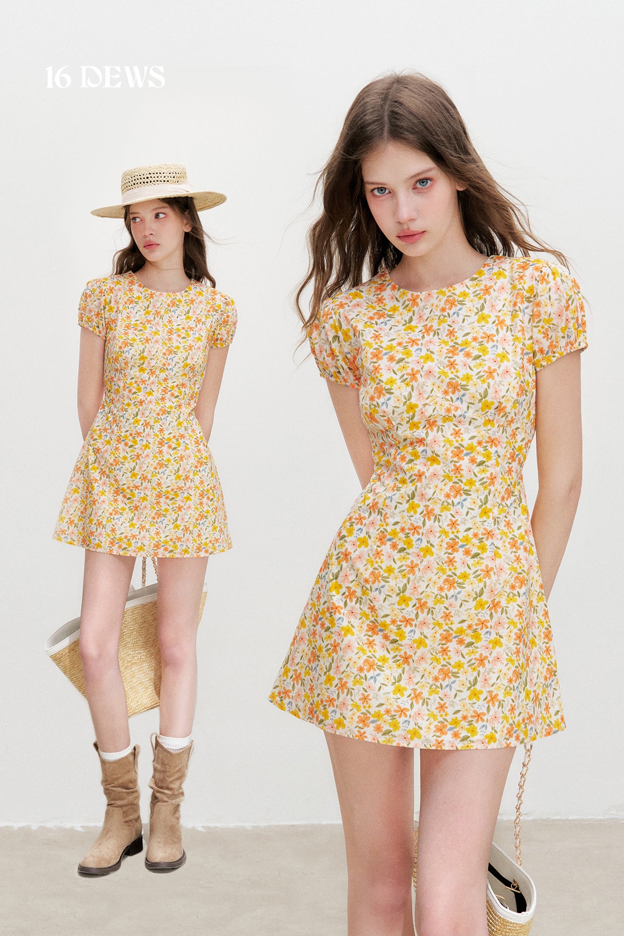 16DEWS 16D26338 Print Round-Neck Puff-Sleeve Dress