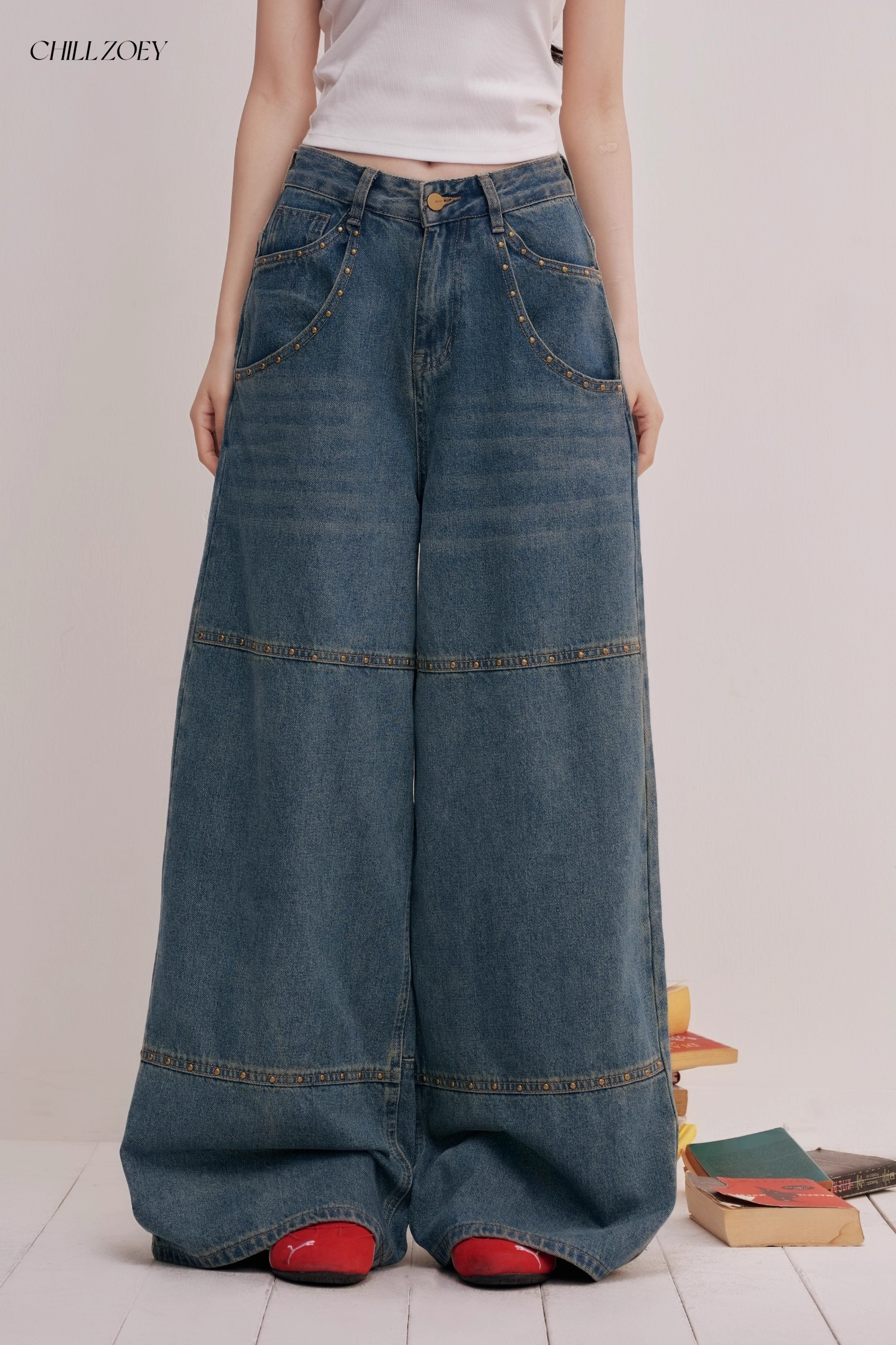 Chill Zoey M690293 Studded Oversized Wide-Leg Jeans