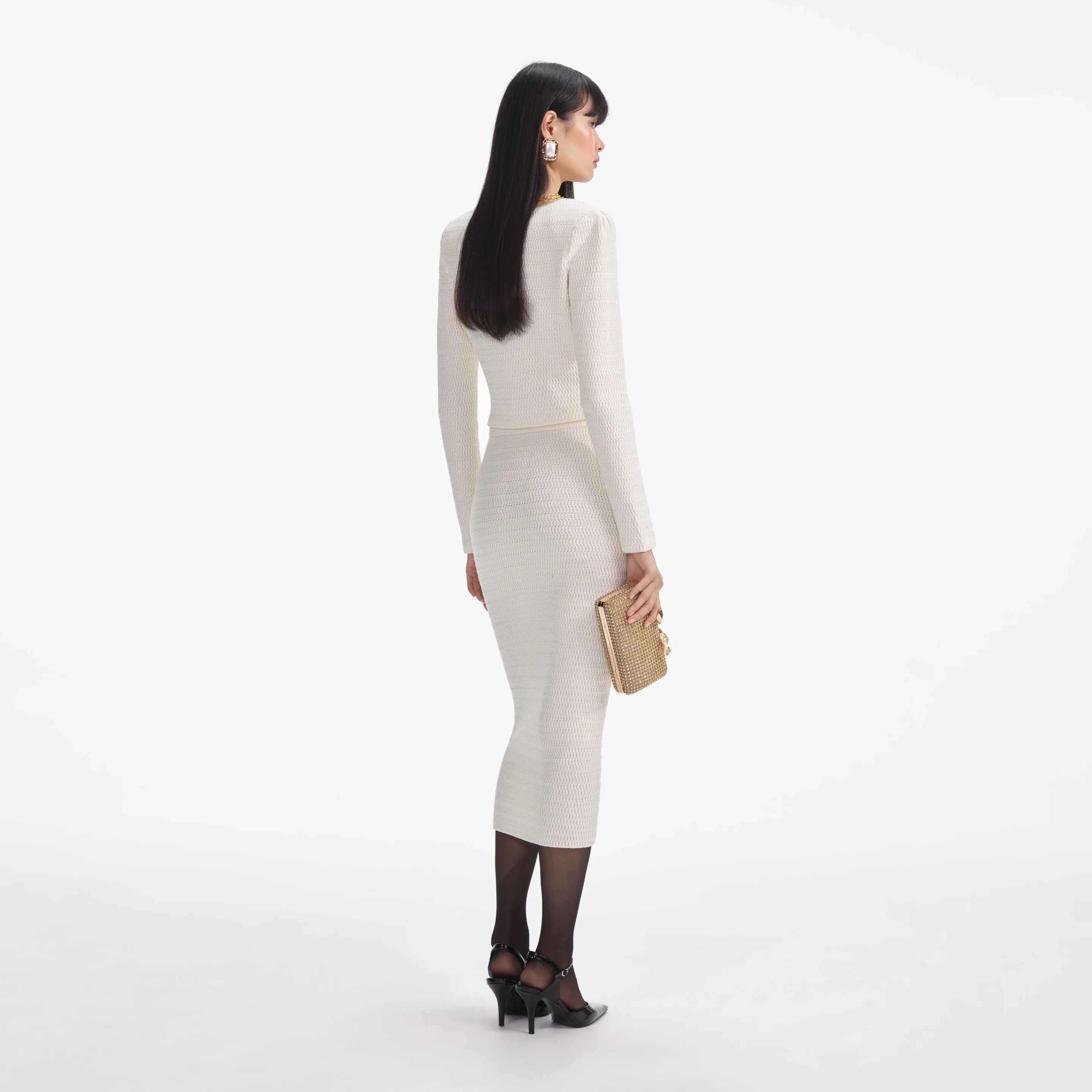 Self-Portrait CREAM LUREX KNIT MIDI SKIRT