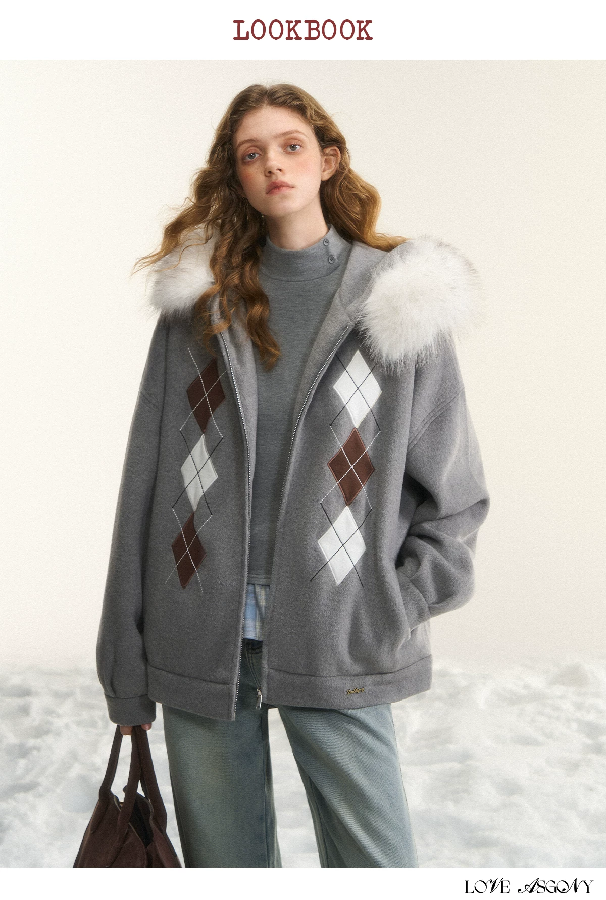 AsGony ASG25555 Diamond-quilted Hooded Cardigan with Furry Collar