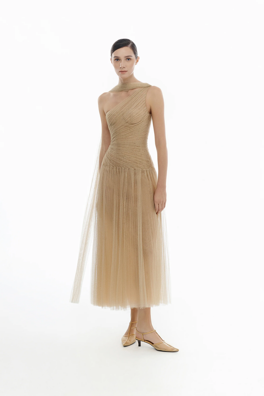 Montsand Draped Midi Dress-Gold