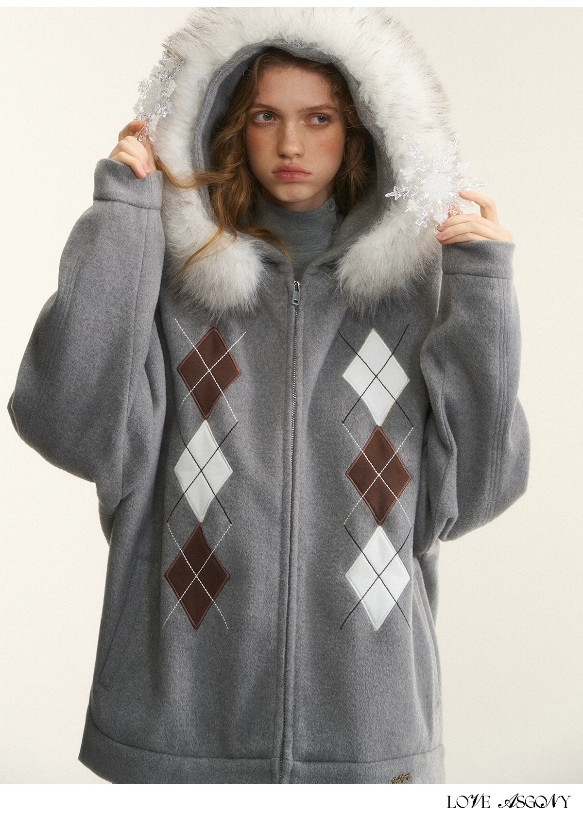 AsGony ASG25555 Diamond-quilted Hooded Cardigan with Furry Collar