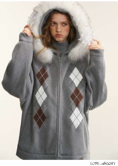 AsGony ASG25555 Diamond-quilted Hooded Cardigan with Furry Collar