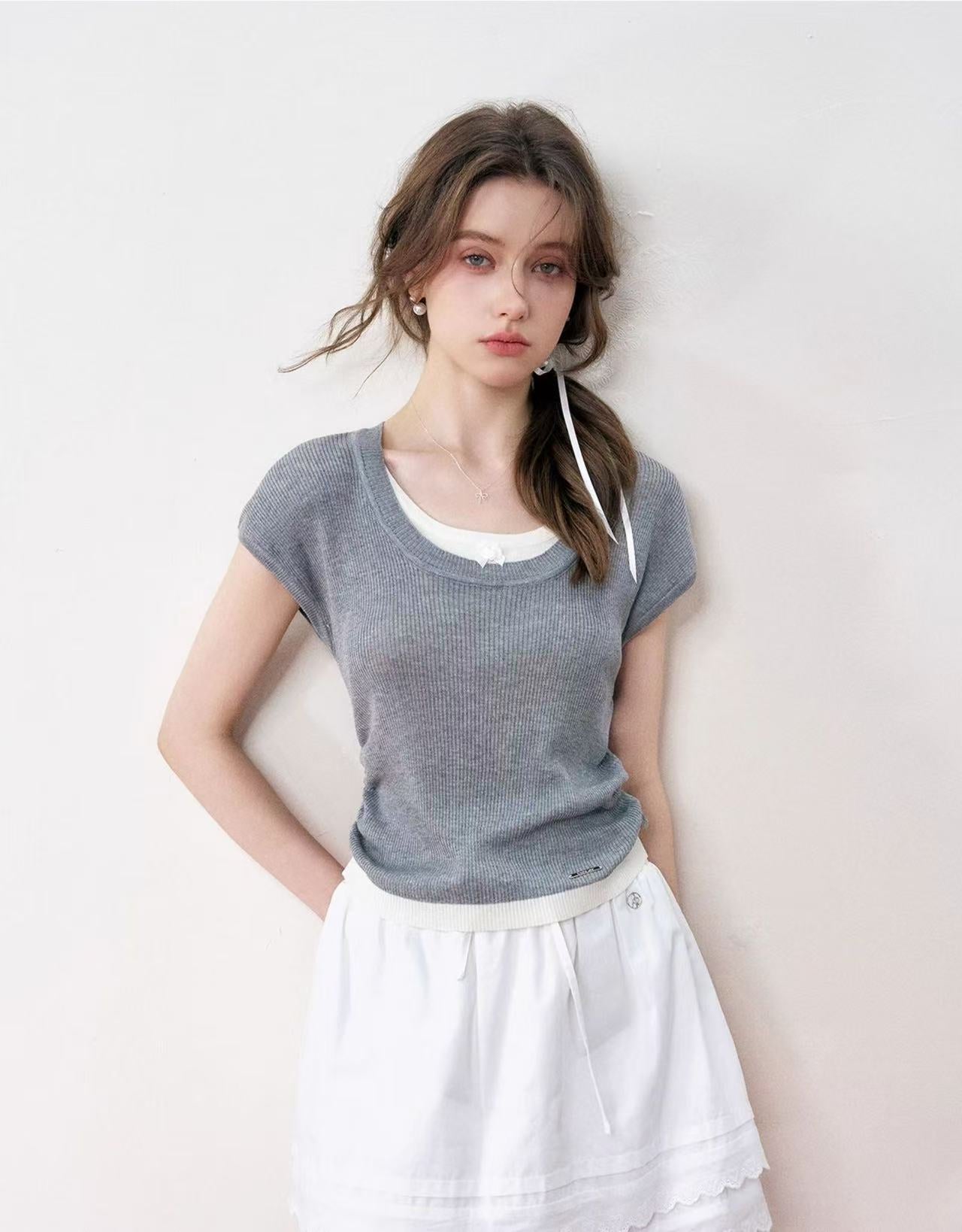 Kroche Knitted short sleeved top (2color)