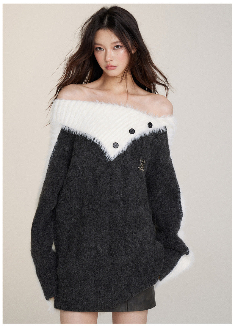 VIA PITTI [Best Seller] Contrast Off-shoulder Sweater(3color)